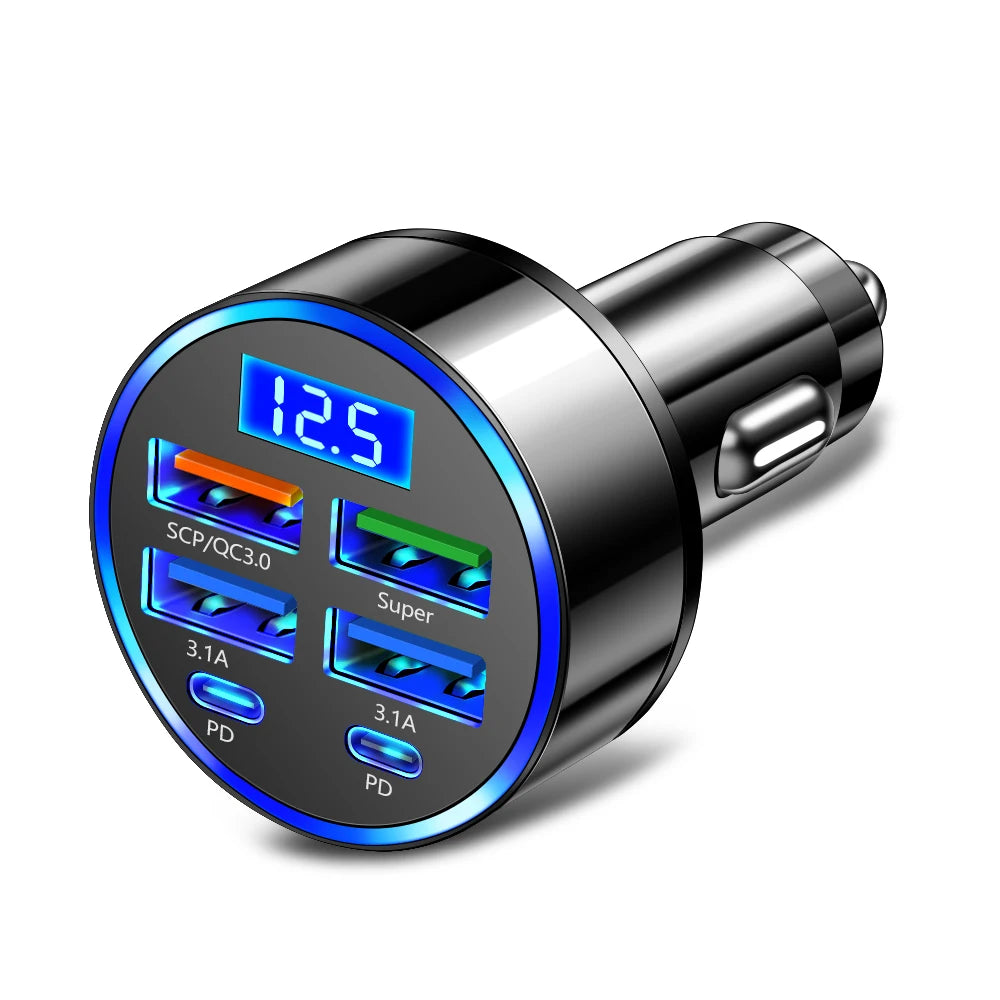 MobiCharge™ - GUSEYEE WGS-G40 – 100W car charger with display and 6 ports (4x USB-A + 2x USB-C)
